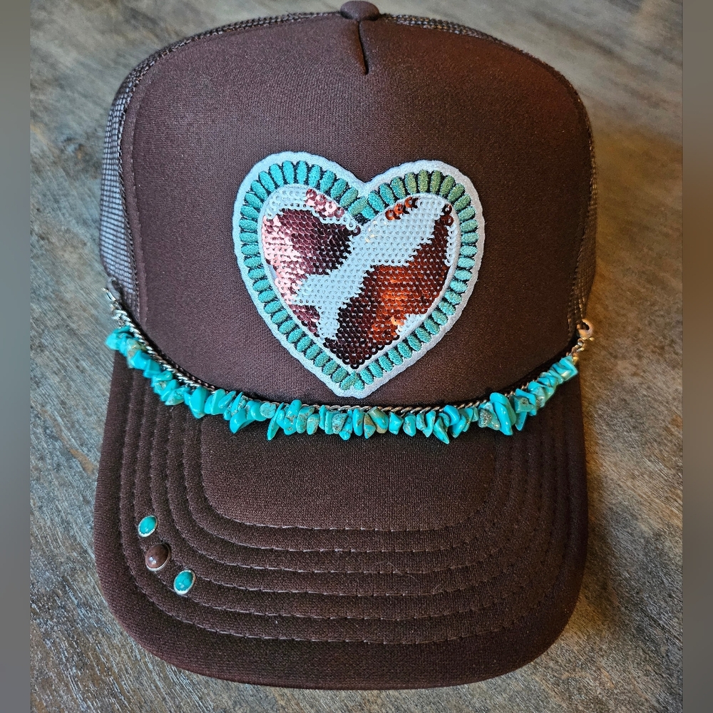 NWT Brown Turquoise trucker hat with sequin cow print heart